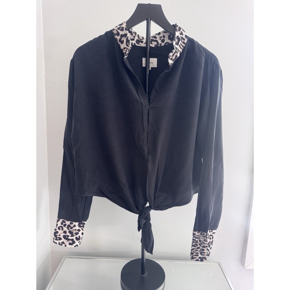 R.G. Kane Leopard Trim Tie Front Silk‎ Blouse Black Long Sleeve Top Size S